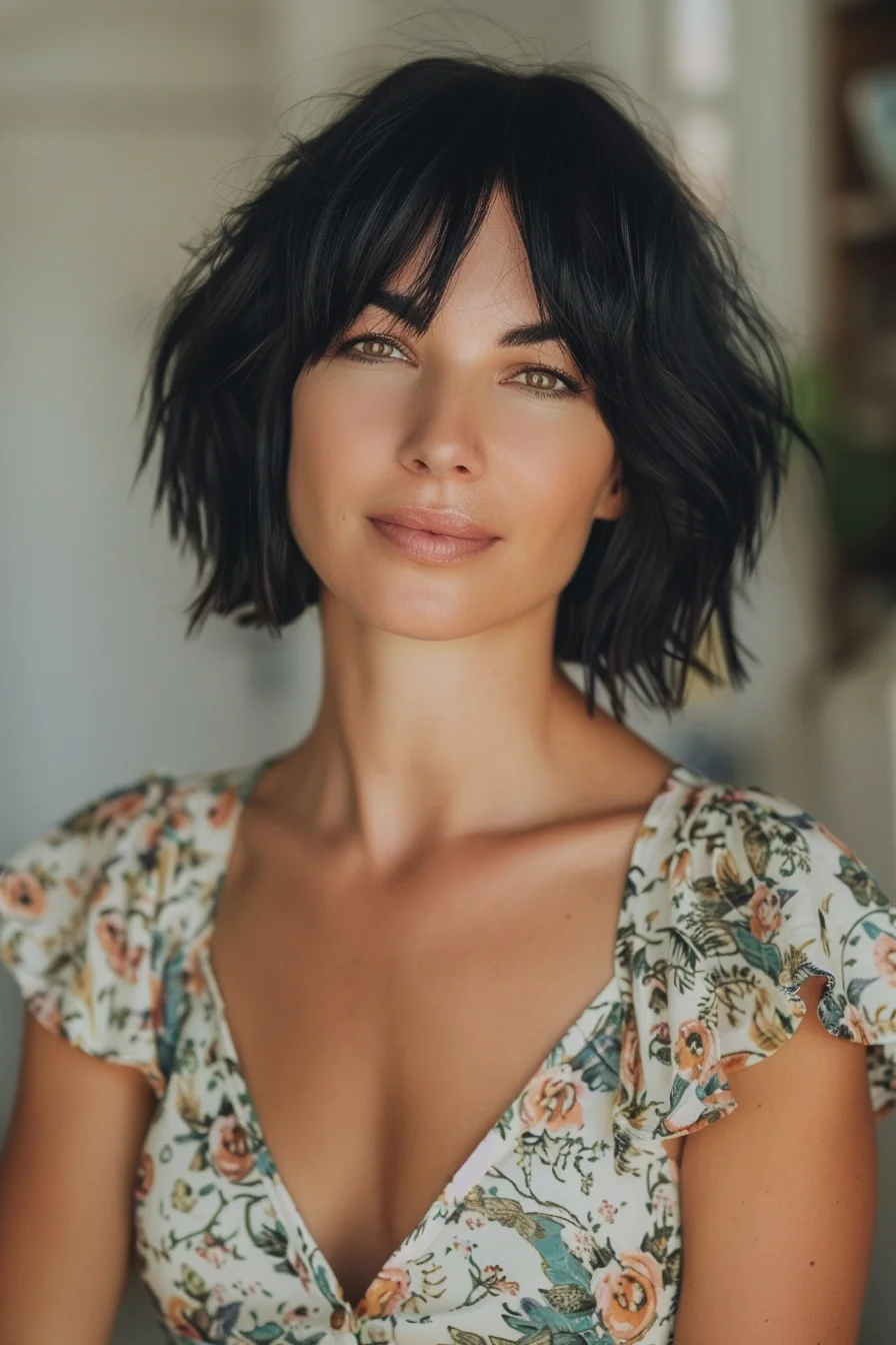 Rich dark hair with textured layers creates wonderful dimension in this chin-length bob. Featuring wispy bangs that frame the face beautifully, the cut has a slightly tousled finish that gives it movement and body. The deep black color appears healthy and vibrant, providing a striking contrast against the skin tone. 