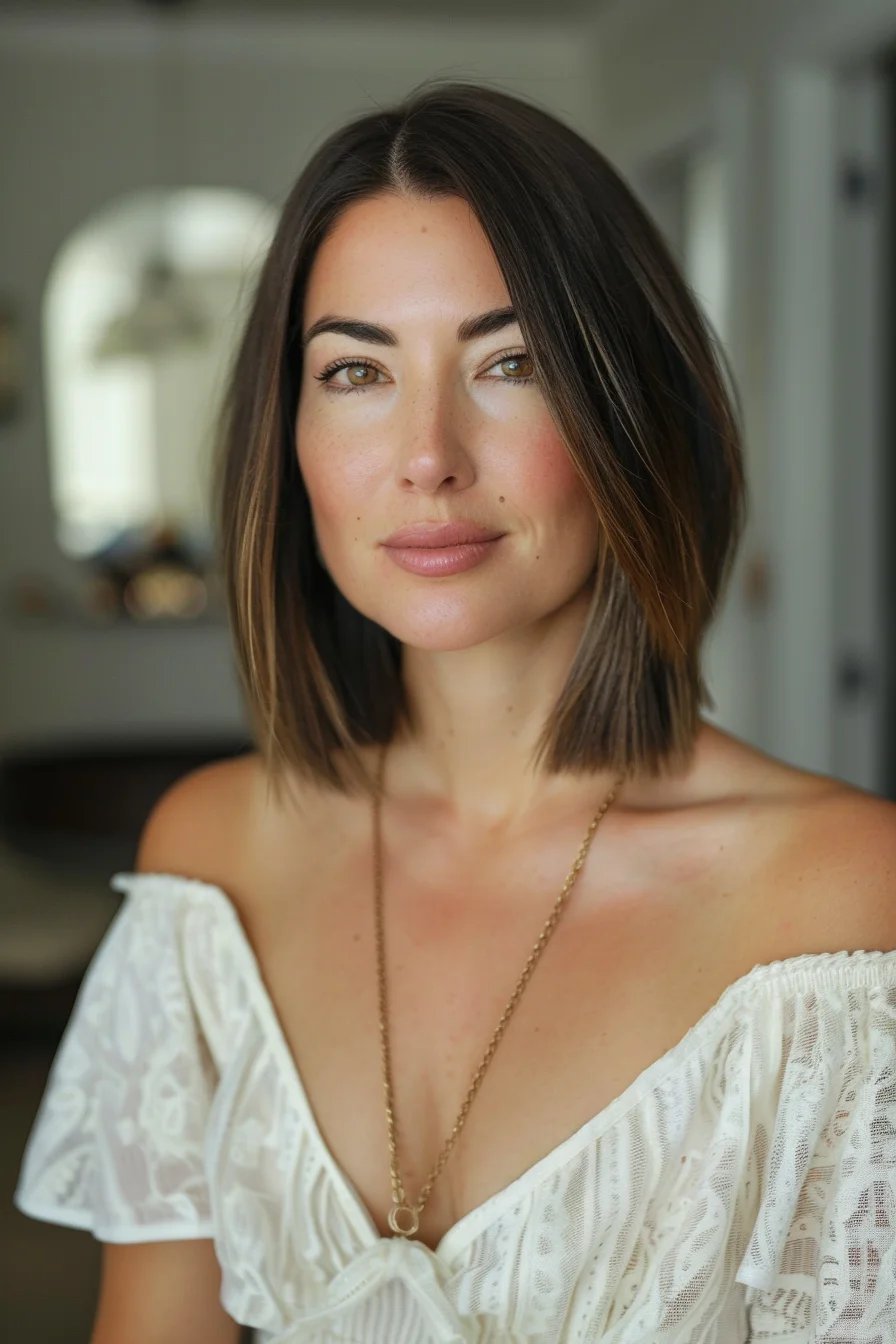 Deep brunette bob with carefully placed caramel highlights creates beautiful dimension in this sleek cut. Rich chocolate brown serves as the base color with subtle warm accents that brighten the face and add visual interest. The darker root area gradually transitions to slightly lighter ends, giving a natural-looking depth to the overall color.