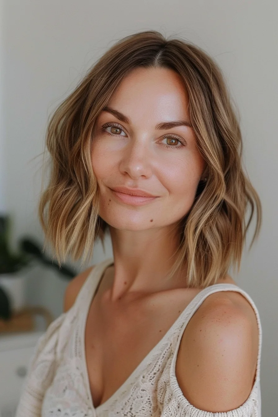 Warm honey-blonde highlights blend beautifully with a medium brown base in this shoulder-length wavy bob. Soft, natural-looking color transitions create wonderful dimension throughout, with lighter pieces framing the face to brighten the overall look. Sun-kissed blonde sections appear as though naturally lightened by summer days, while the darker roots add depth and richness.