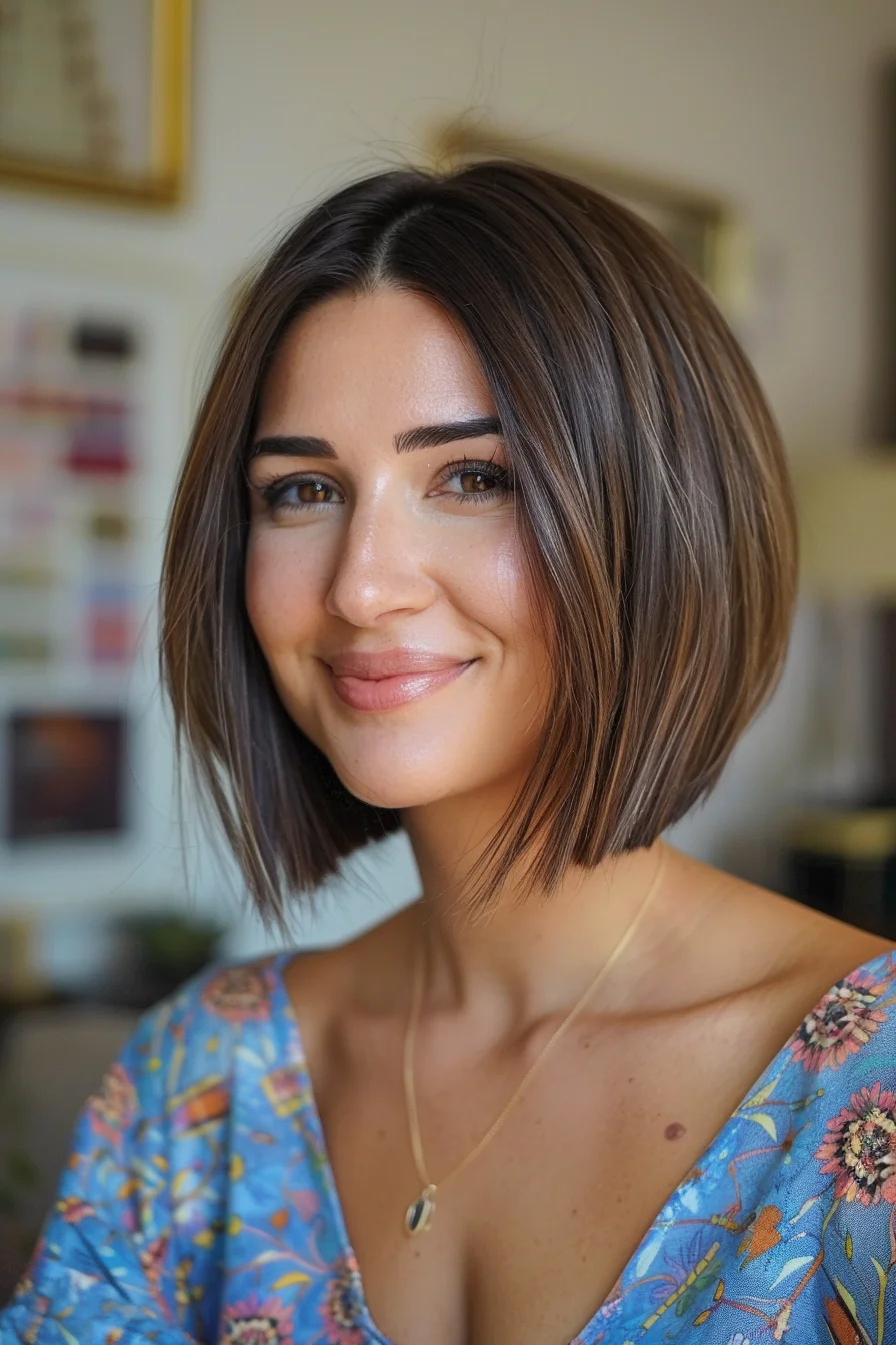 Rich brunette bob features subtle caramel highlights that add beautiful warmth and dimension. Darker at the roots with a gradual lightening toward the ends, the color transition appears completely natural and effortlessly blended. Fine, delicate highlights create gentle movement throughout the hair rather than stark contrasts. 