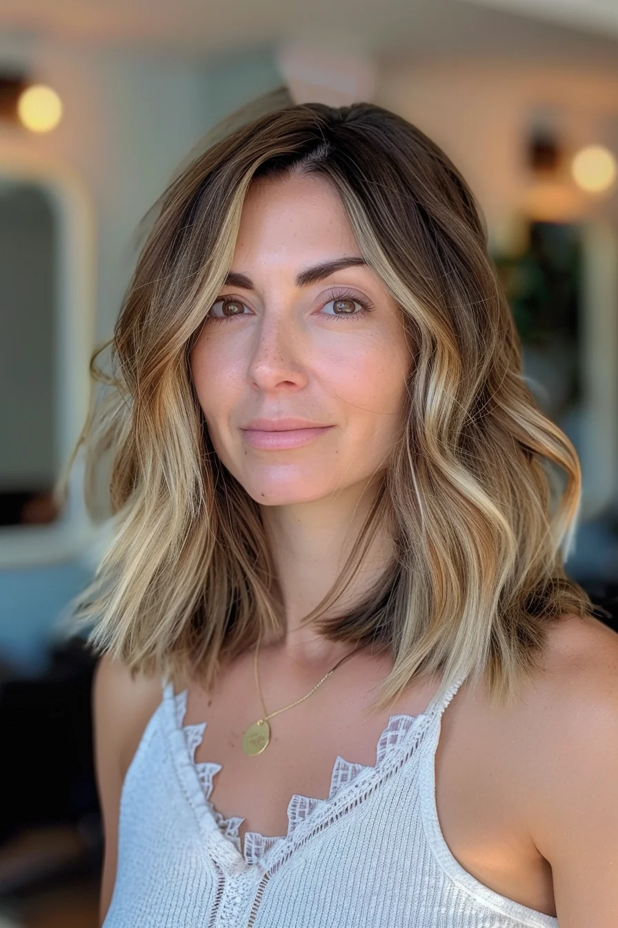 Stunning balayage blends dark roots with progressively lighter blonde ends in this shoulder-grazing wavy bob. Darker chocolate brown at the crown gradually melts into creamy caramel mid-lengths and finishes with honey-blonde tips. Face-framing highlights brighten the overall appearance while adding gorgeous dimension.