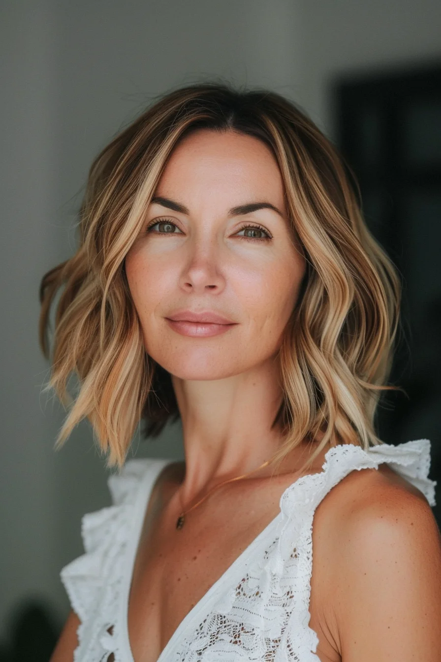 Golden blonde balayage creates beautiful dimension in this sun-kissed wavy bob. Darker roots seamlessly transition to buttery mid-lengths and finish with bright blonde ends, creating a natural-looking gradient effect. Face-framing highlights brighten and bring attention to the eyes while adding visual interest. When the hair moves, various honey and champagne tones become visible, giving the bob a rich, multi-dimensional quality that appears effortlessly natural.