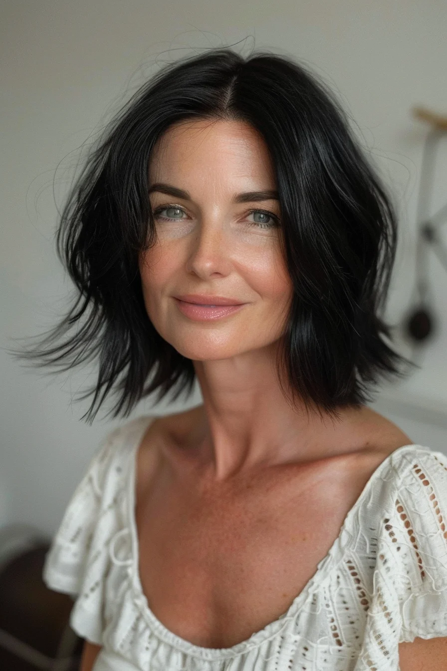 Deep midnight black creates a striking, glossy finish in this textured chin-length bob. Completely uniform in its rich, dark color, the hair has a beautiful blue-black sheen that catches the light wonderfully. Lacking any highlights or dimension, the single-process color makes a bold statement with its intensity and depth.