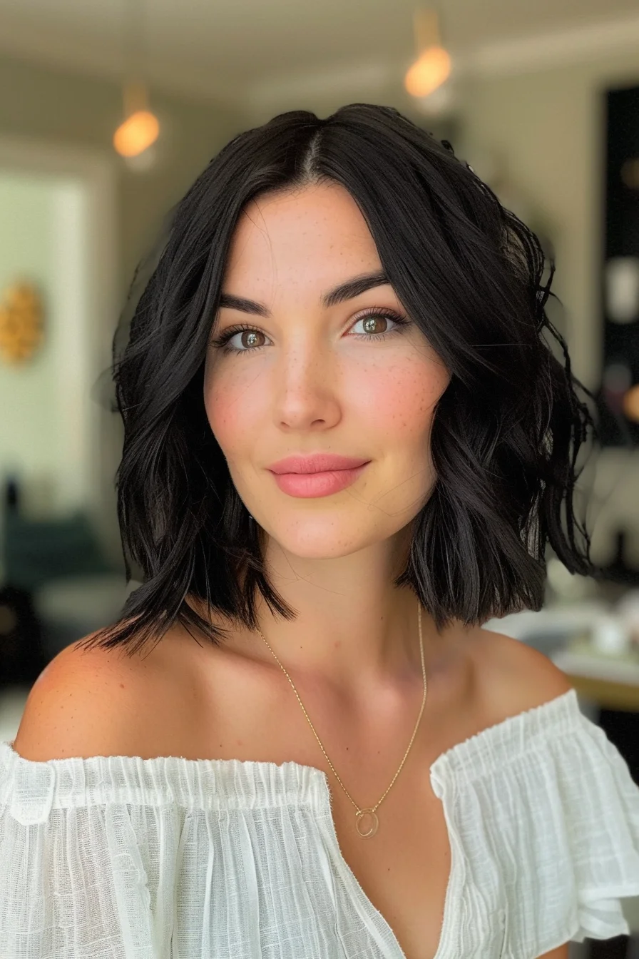 Rich ebony waves create beautiful depth in this textured chin-length bob. Completely uniform in its deep black color, the hair shows hints of blue undertones when catching the light. Natural waves throughout show off the hair's healthy shine while adding volume and movement. Lacking highlights or dimension, the single-process color makes a bold statement with its intensity, framing the face dramatically and emphasizing the eyes with its striking contrast.