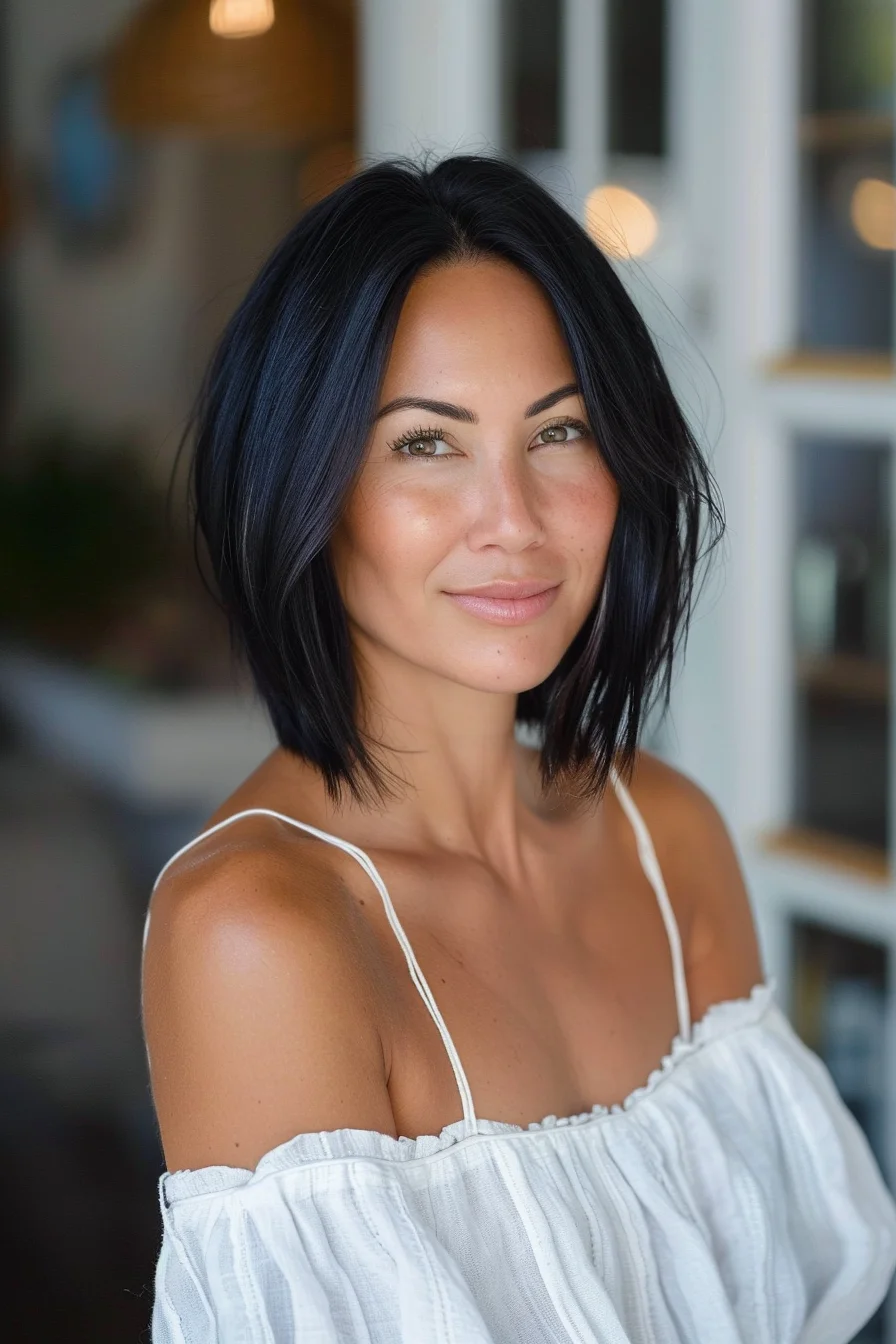 Sleek raven-black bob with subtle texture showcases a beautiful blue-black sheen in the light. Uniform in its deep color without any highlights, the hair appears glossy and healthy with a natural shine. A center part allows the hair to frame the face symmetrically, while the even color distribution creates a dramatic effect against the skin. 