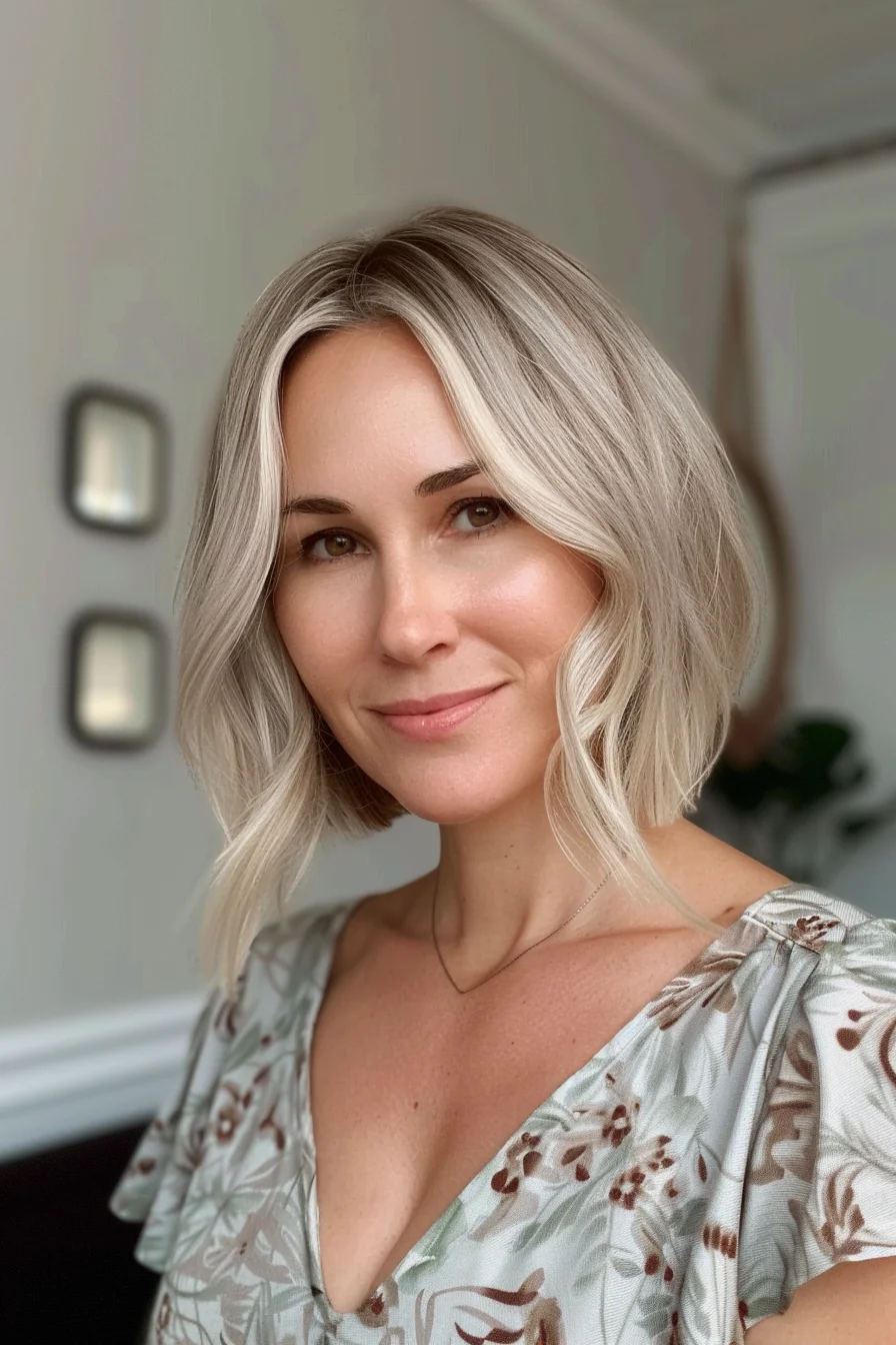 Icy platinum blonde creates stunning brightness in this chin-length wavy bob. Darker root shadowing adds beautiful depth at the crown while transitioning seamlessly into creamy blonde throughout. Gentle waves showcase the dimensional qualities of the cool-toned blonde, with subtle silver undertones that catch the light beautifully. 