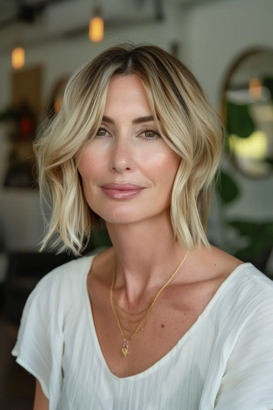 Bright buttery blonde with subtle lowlights creates beautiful dimension in this shoulder-grazing bob. Darker roots blend naturally into lighter mid-lengths and ends, giving the hair wonderful depth and movement. Gentle waves throughout showcase the various blonde tones - from caramel at the roots to honey and platinum toward the ends. 