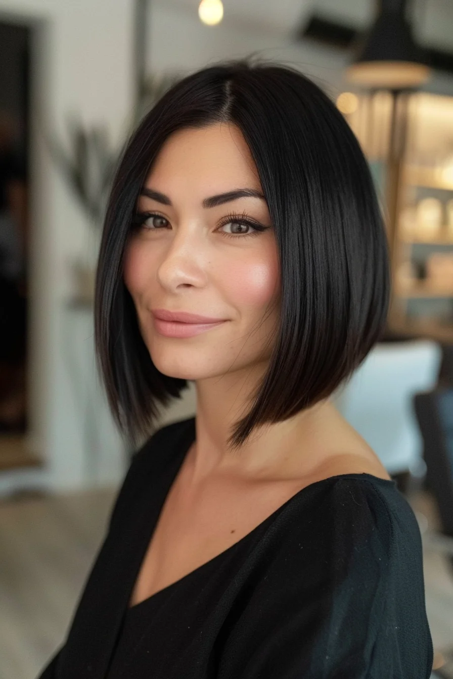 Sleek and polished dark bob with a smooth, glossy finish showcases beautiful symmetry. Perfectly straight with ends that curve slightly inward toward the jawline, this hairstyle offers a contemporary take on a classic shape. The deep brunette shade appears rich and uniform throughout, creating a bold frame for the face.