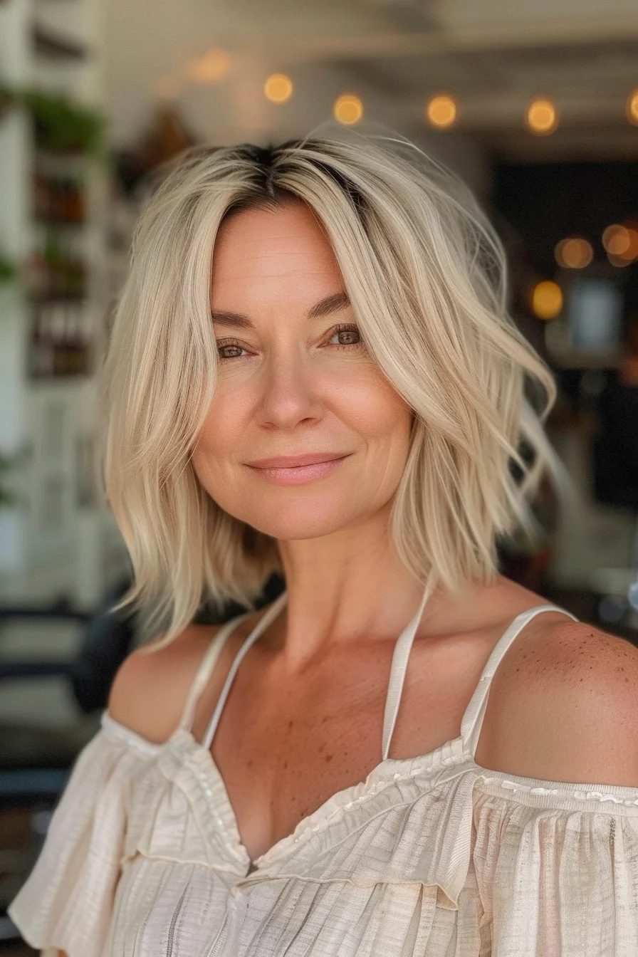 Bright platinum blonde with delicate root shadowing creates gorgeous dimension in this chin-length wavy bob. Subtle darker roots transition beautifully into icy blonde ends, giving the hair wonderful depth without harsh lines. Cool-toned throughout with hints of silver and pearl, the blonde appears fresh and vibrant against the skin. 