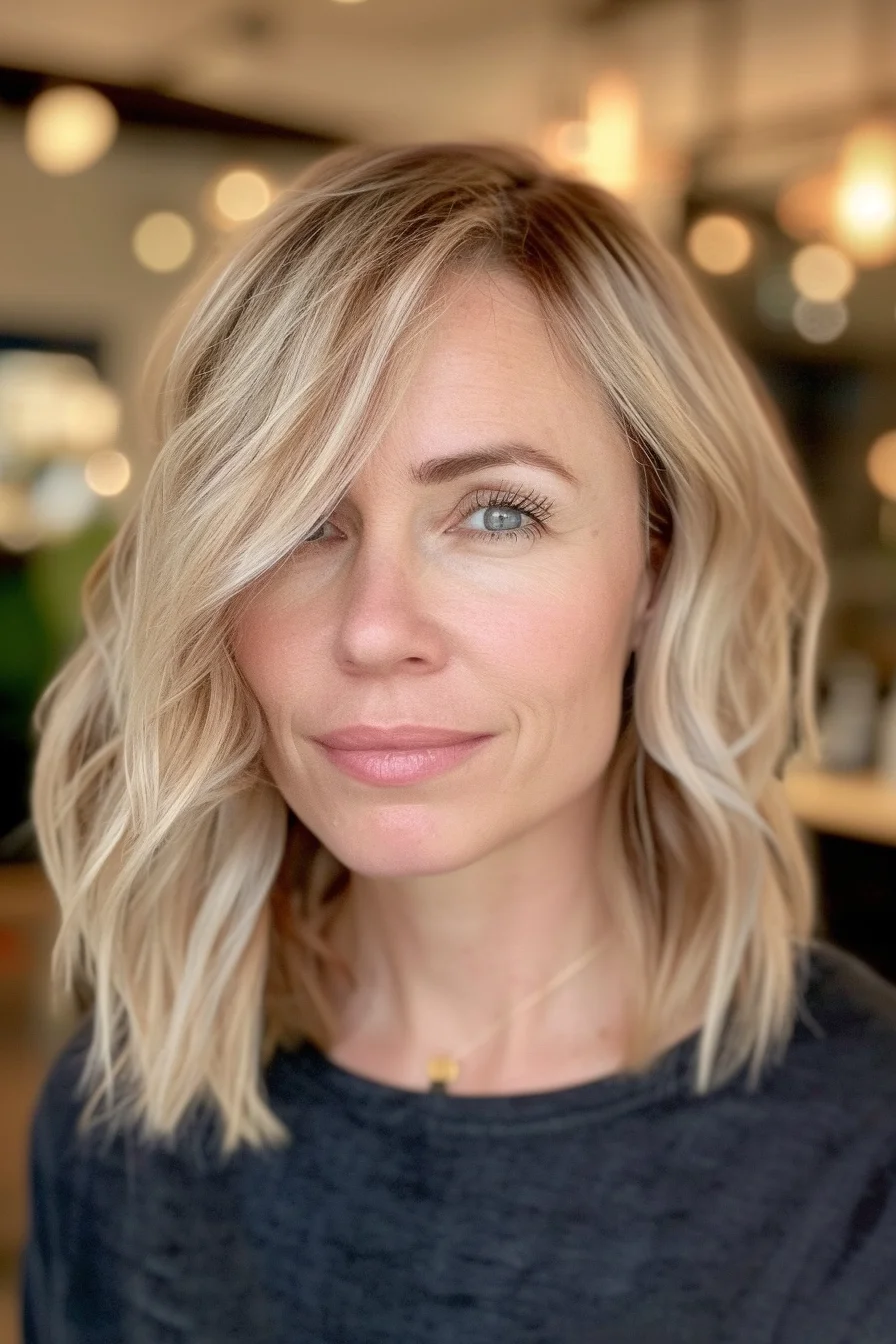 Creamy blonde waves with subtle champagne highlights create a beautiful sun-kissed effect in this shoulder-grazing bob. Slightly darker roots add depth and dimension while transitioning seamlessly into lighter mid-lengths and ends. Gentle face-framing pieces brighten the overall look while soft waves showcase the various blonde tones throughout. 