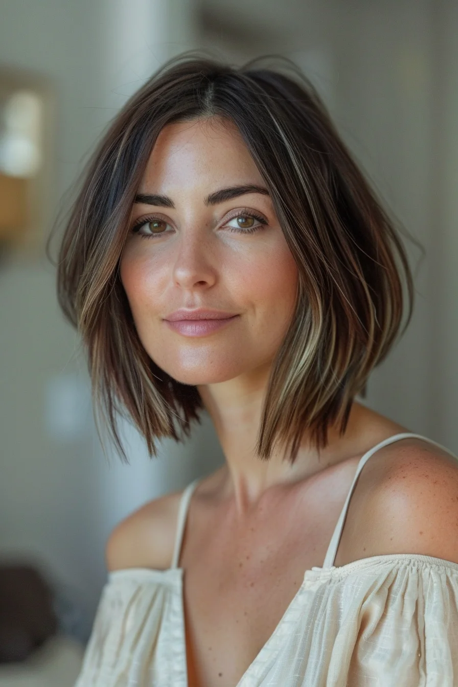 Rich brunette bob featuring stunning face-framing highlights creates beautiful contrast and dimension. Dark chocolate brown serves as the base while carefully placed lighter strands in caramel and honey tones brighten around the face. Natural-looking color placement mimics how hair would lighten in the sun, with the front sections several shades lighter than the deeper brown background.