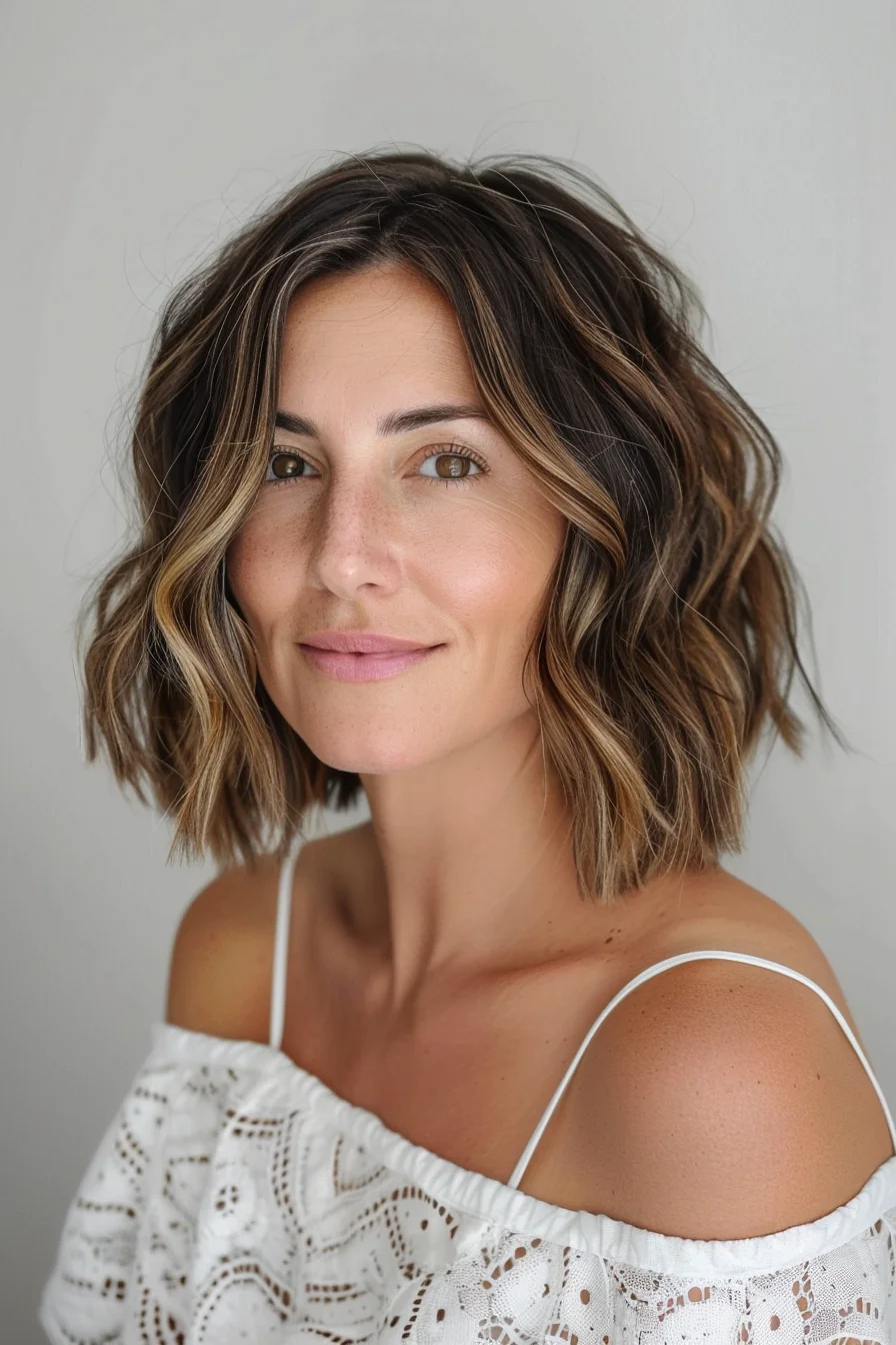 Gorgeous caramel balayage adds warmth and dimension to this wavy brunette bob. Starting with a rich chocolate base, lighter golden-brown highlights run throughout, concentrated more heavily around the face and ends. Natural-looking color placement creates depth while avoiding harsh lines or obvious transitions. 