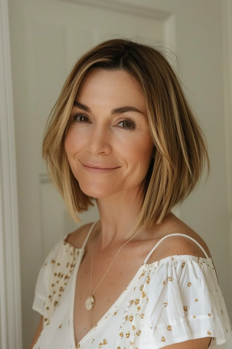 Sun-kissed balayage creates beautiful dimension in this honey-blonde bob. Slightly darker roots transition gradually to lighter ends, with face-framing highlights that brighten the overall look. Natural-looking color placement mimics how hair would naturally lighten, with more pronounced brightness around the face and ends. 