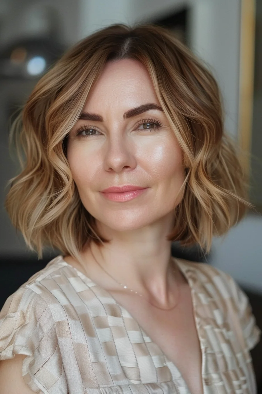 Warm honey-blonde balayage creates beautiful dimension in this wavy chin-length bob. Starting with a slightly darker root that gradually lightens toward the ends, the color transition appears completely natural. Face-framing highlights in buttery blonde tones brighten the overall look while maintaining depth at the crown.