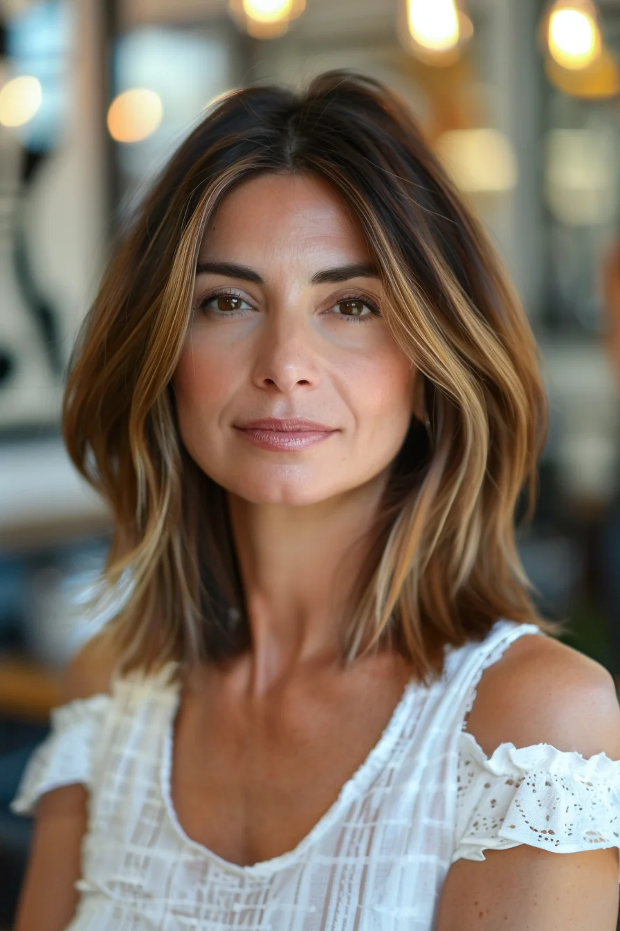Striking brunette balayage with face-framing caramel highlights adds wonderful warmth and dimension to this shoulder-grazing cut. Dark chocolate roots blend seamlessly into lighter mid-lengths, with the brightest pieces concentrated around the face. Natural-looking color placement mimics how hair would lighten in the sun, creating an authentic, lived-in effect. 