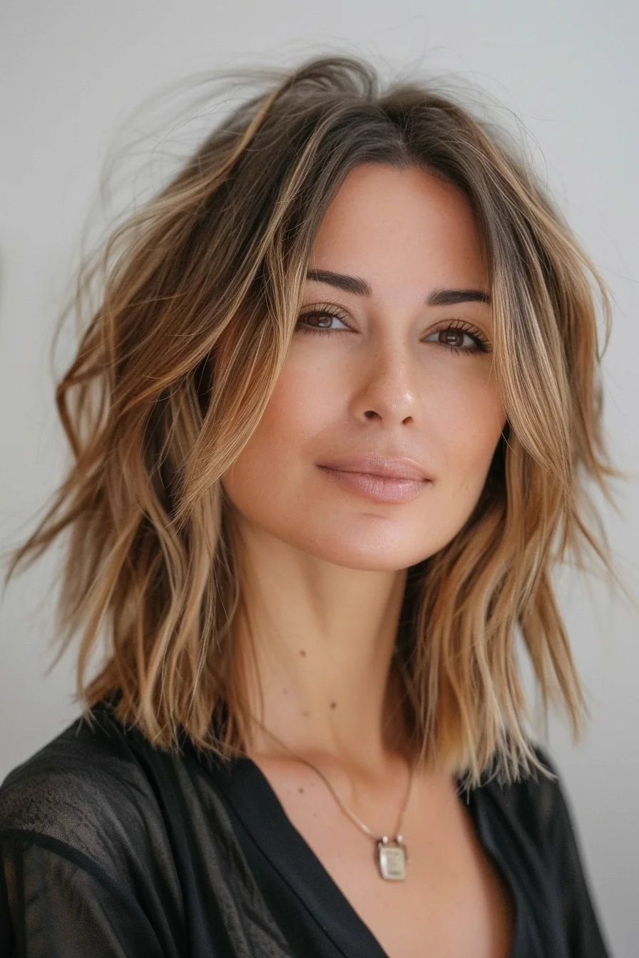 Gorgeous bronde balayage creates stunning dimension in this textured shoulder-length bob. Rich brunette roots gradually melt into warm honey mid-lengths and bright blonde ends, creating a beautiful sun-kissed gradient. Face-framing highlights brighten the complexion while adding visual interest. 