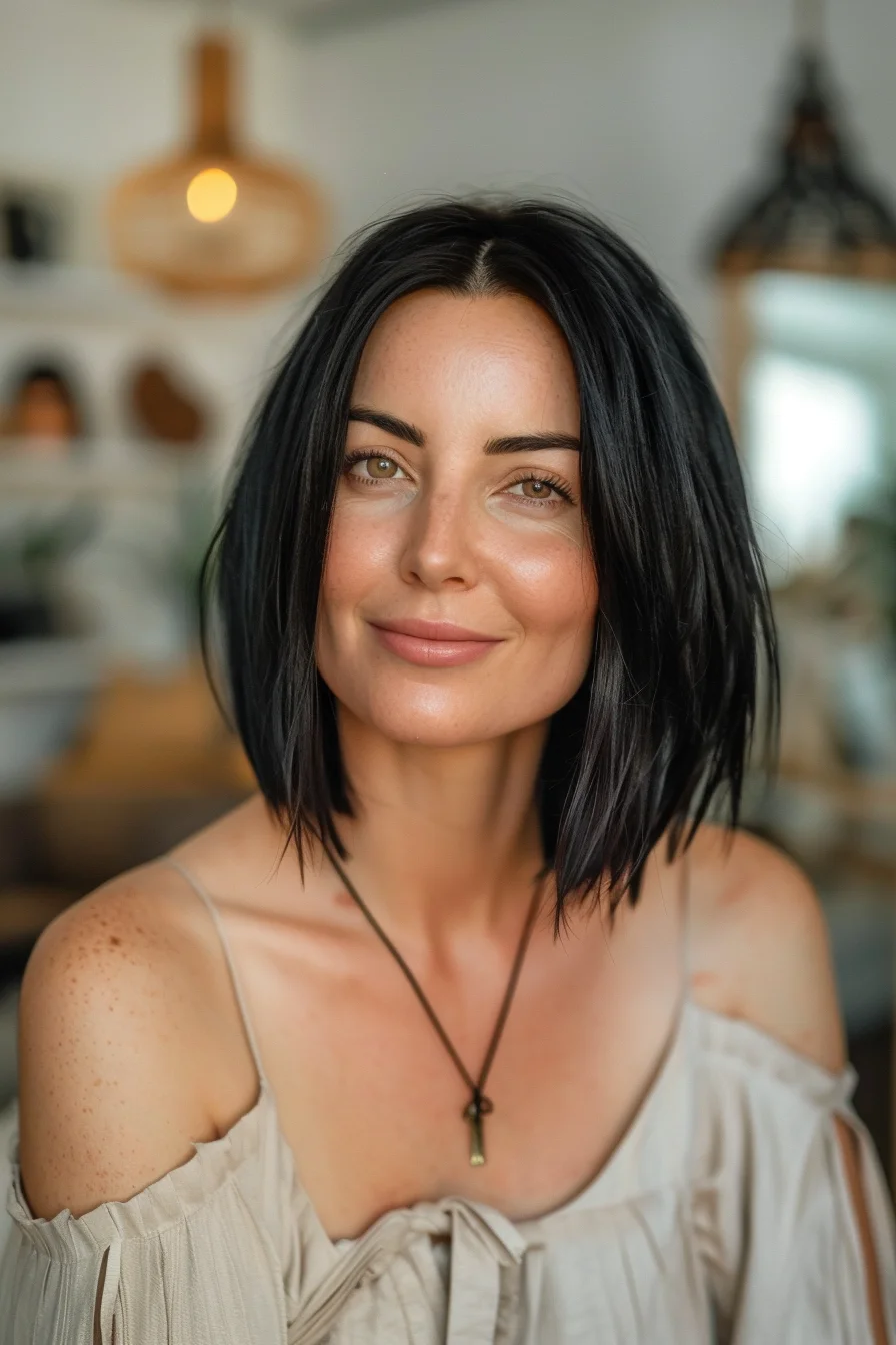 Medium-length bob with face-framing layers features gorgeous dark hair with subtle dimension. Longer in front and gradually shorter toward the back, this cut creates beautiful movement around the shoulders. The rich brunette color has wonderful depth and shine, appearing naturally lustrous in the light. Soft layers blend seamlessly together while adding bounce and fullness to the overall shape.