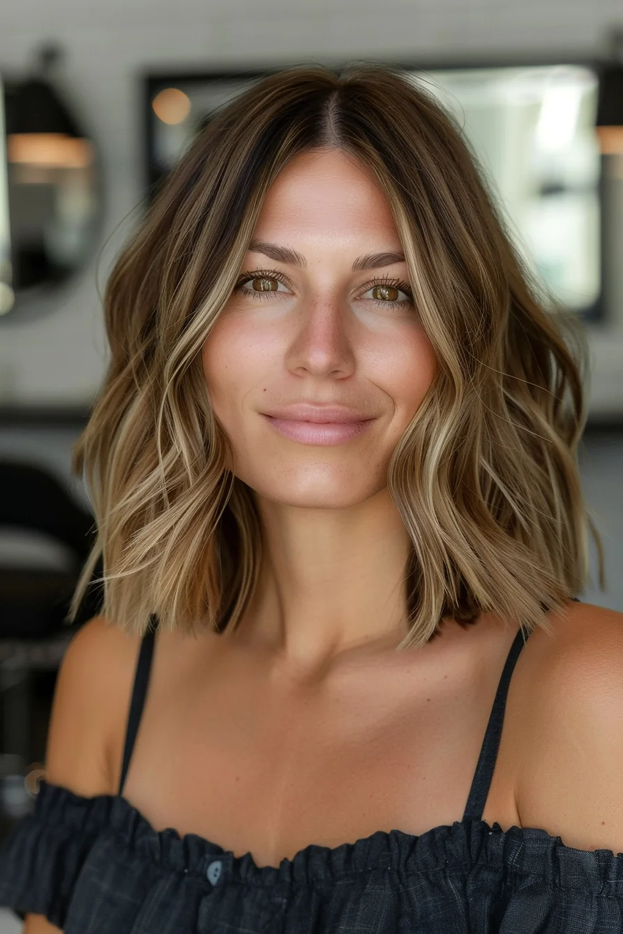 Gorgeous bronde balayage with face-framing highlights creates beautiful dimension in this shoulder-length wavy bob. Medium brown roots gradually transition to golden mid-lengths and bright blonde ends, creating a natural-looking sun-kissed effect. Carefully placed highlights around the face brighten the overall look while adding visual interest.