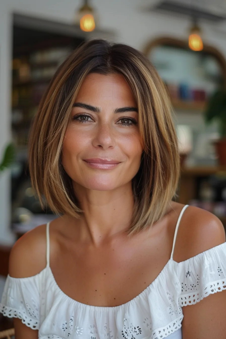 Beautiful face-framing highlights in golden blonde create stunning contrast against darker roots in this chin-length bob. Starting with a rich brunette base at the crown, the color gradually lightens to warm honey and buttery blonde toward the ends. Natural-looking placement of lighter pieces mimics how hair would lighten in the sun, concentrated more heavily around the face.