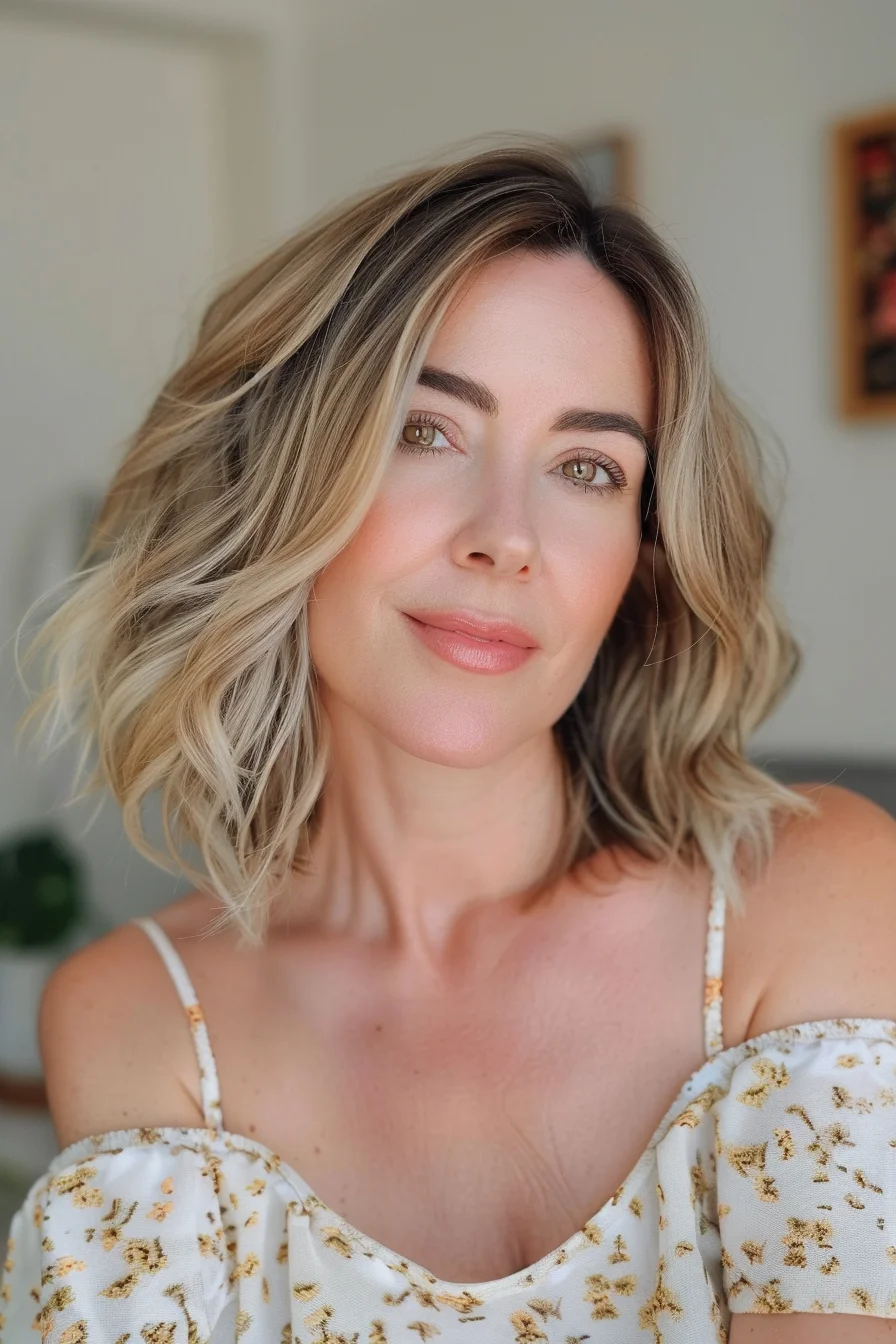 Creamy blonde balayage with darker roots adds beautiful dimension to this wavy shoulder-length bob. Subtle root shadowing transitions seamlessly into lighter mid-lengths and ends, creating a natural gradient effect that appears effortlessly sun-kissed. Waves throughout showcase the various blonde tones - from warm caramel at the roots to bright champagne at the tips.