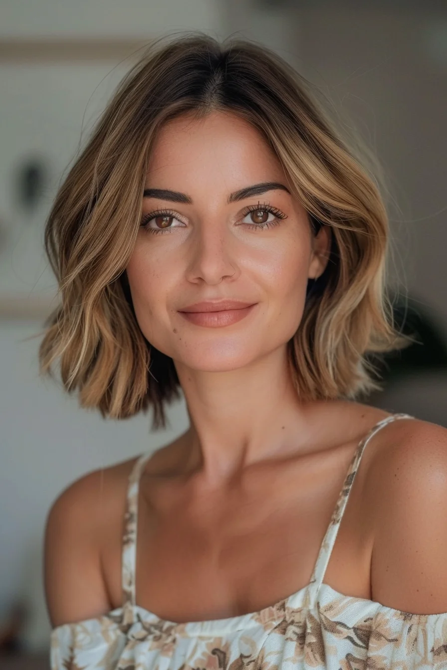 Warm caramel balayage creates gorgeous dimension in this textured bob. Medium brown roots gradually blend into lighter golden-blonde ends, creating a natural sun-kissed effect. Face-framing highlights brighten around the face while the deeper base color adds beautiful depth. Soft waves showcase how the various honey and amber tones catch the light differently, creating visual interest throughout. 