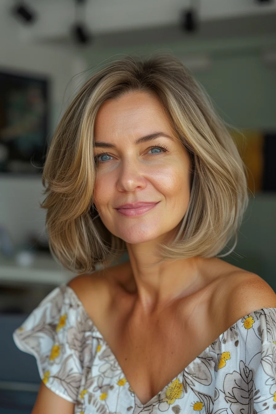 Sandy blonde highlights with subtle lowlights create beautiful dimension in this chin-length bob. A slightly darker root area transitions seamlessly into lighter mid-lengths and ends, giving the hair a natural depth that appears completely unforced. Gentle waves throughout show off the various blonde tones - from warm beige at the roots to bright champagne at the tips.