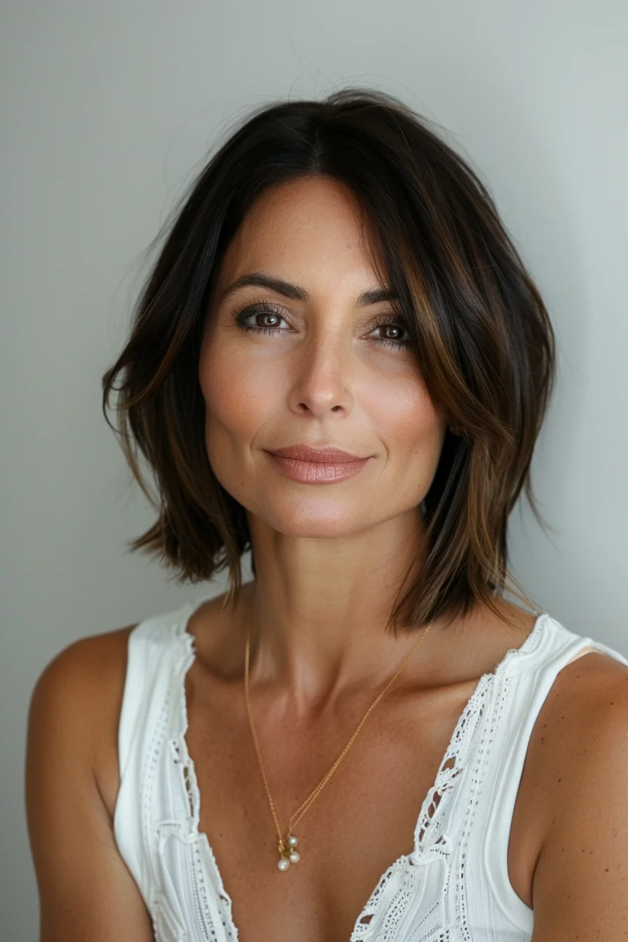 Rich chocolate brown base with subtle caramel highlights adds beautiful warmth to this chin-length bob. Delicate lighter pieces are woven throughout, concentrated more heavily around the face to brighten and add dimension. Dark roots create depth while gradually transitioning to warmer tones toward the ends. 