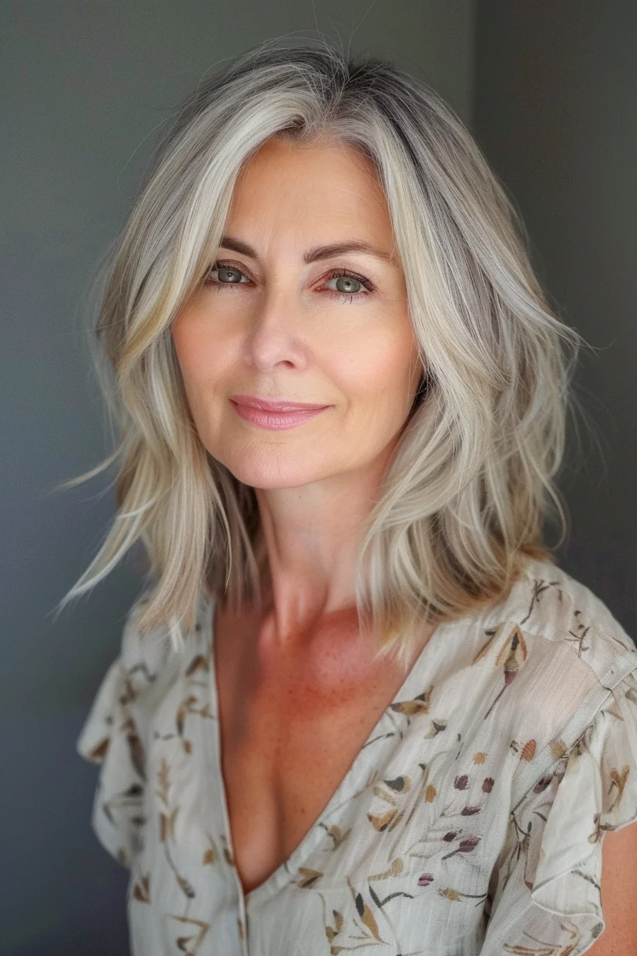 Stunning silver-blonde waves create a gorgeous shoulder-grazing bob with incredible dimension. Natural-looking roots transition beautifully into bright platinum mid-lengths and ends, offering depth and character. Gentle waves throughout add wonderful texture and movement to this mid-length cut. The cool-toned blonde highlights multiple silver tones that catch the light wonderfully, while maintaining a soft, natural appearance.