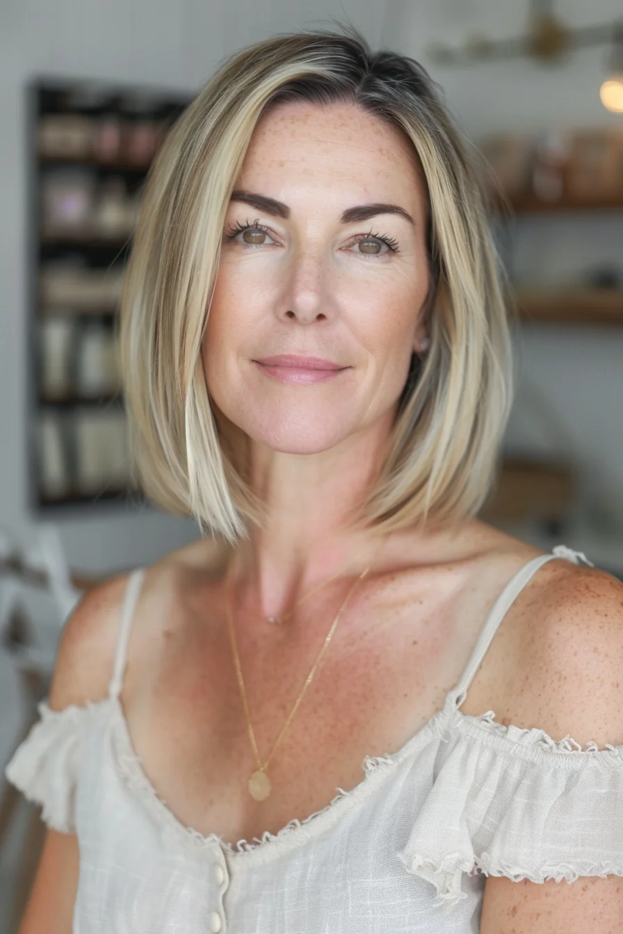 Bright blonde bob cut precisely at chin length offers beautiful clarity with its clean lines. Darker roots blend seamlessly into platinum ends, creating appealing dimension and depth. The front sections appear slightly longer than the back, framing the face with a subtle angle. This platinum shade brightens the complexion while the straight, smooth finish showcases the precise cutting technique that gives this bob its distinctive shape.