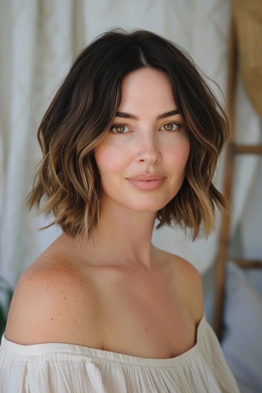 Beautiful sun-kissed balayage creates gorgeous dimension in this shoulder-length bob. Starting with rich dark roots that gradually lighten to warm caramel and honey tones toward the ends, the color transition appears completely natural. Subtle waves enhance the multi-dimensional effect of the color, making each strand catch the light differently. 