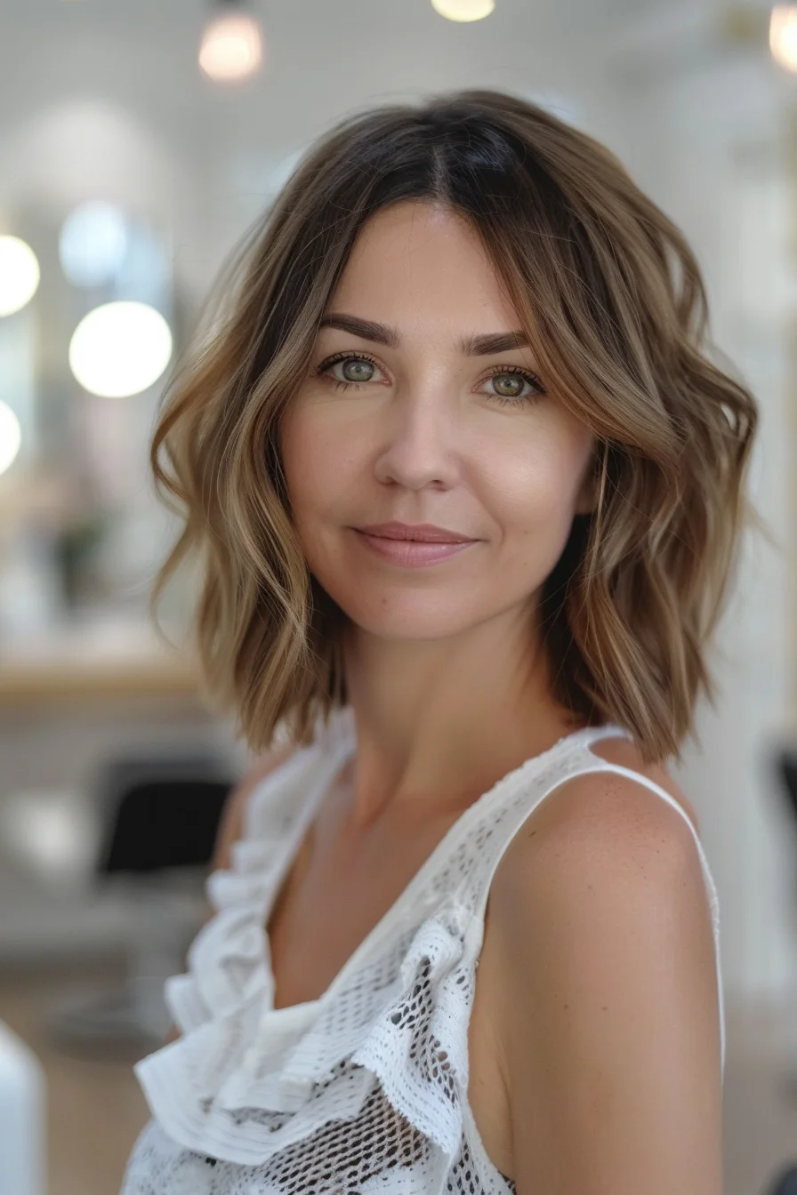 Soft brunette waves with delicate honey highlights frame the face beautifully in this chin-length cut. Dark roots gradually melt into lighter mid-lengths and ends, creating a natural-looking gradient effect. Each wave shows off the subtle color variations - from deep chocolate at the crown to warm caramel throughout. 