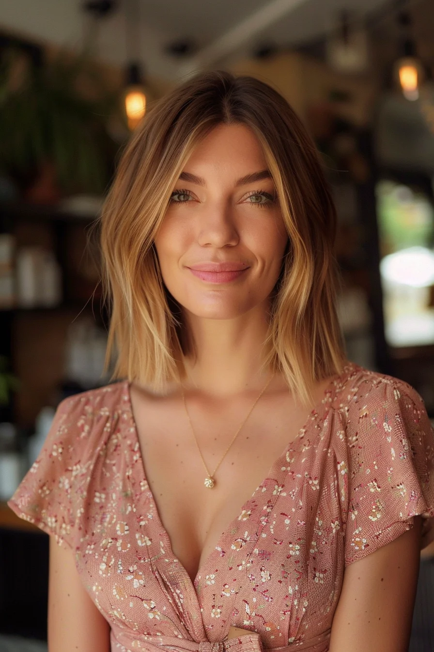 Bright blonde balayage with deeper roots adds stunning contrast to this barely-shoulder-length bob. Warm honey tones blend seamlessly into light golden blonde, creating a sun-kissed effect that appears effortlessly natural. Face-framing highlights brighten the overall look while the rooted color adds wonderful depth and dimension.