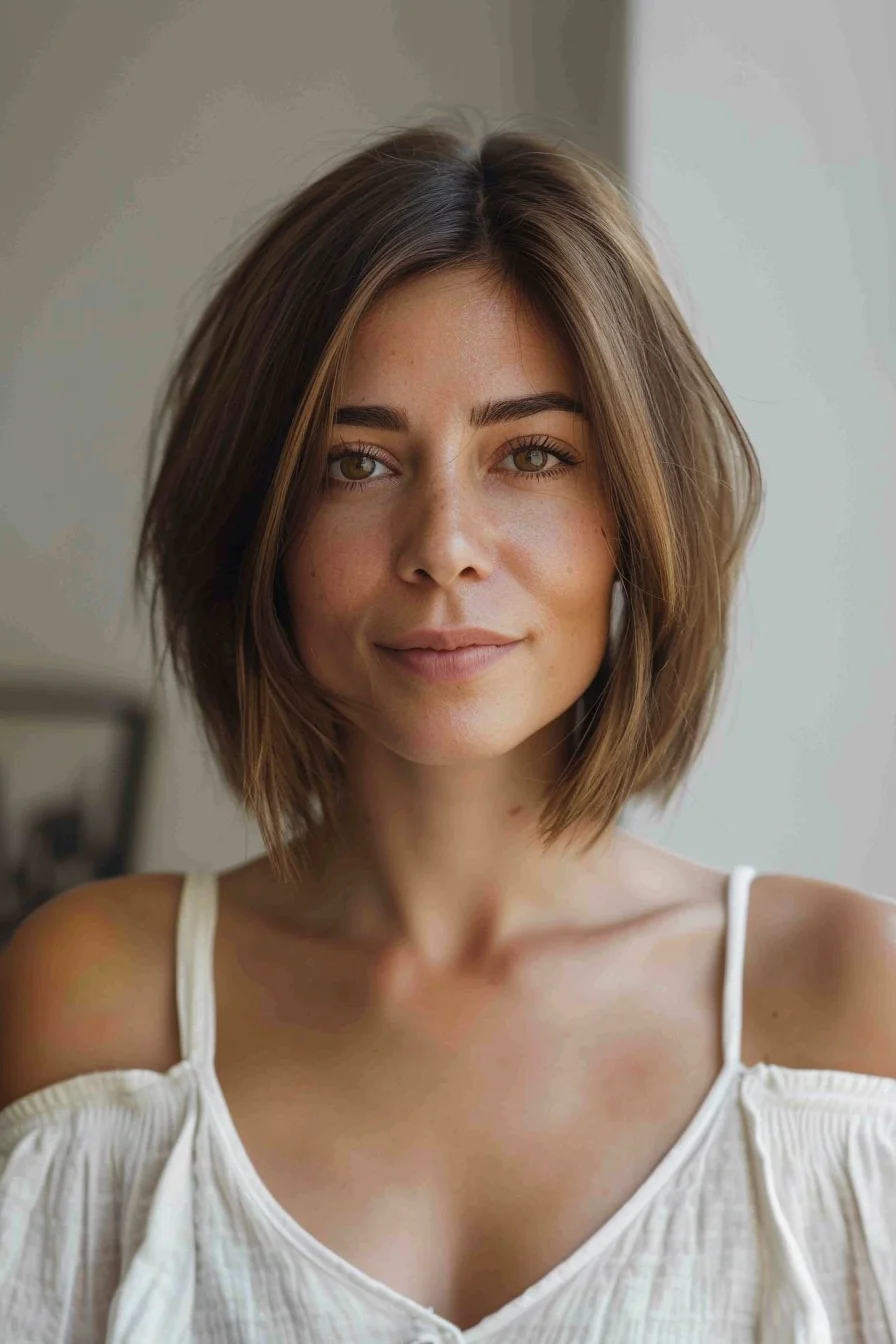 Subtle balayage brightens this classic chin-length bob with natural-looking color. Starting with a rich brunette base, delicate caramel highlights are concentrated around the face and through the ends. Dark roots graduate into warmer tones, giving the hair wonderful depth without looking overdone. The thoughtful placement of lighter pieces creates dimension that enhances the cut, while the overall color palette remains understated and refined with its blend of mocha and amber tones.