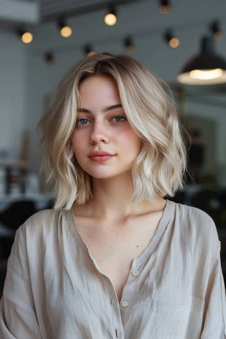 Stunning platinum blonde hair showcases beautiful cool undertones with natural darker roots creating gorgeous depth and dimension. Light blonde shades blend seamlessly throughout, giving an effortless sun-kissed appearance that brightens up any complexion.