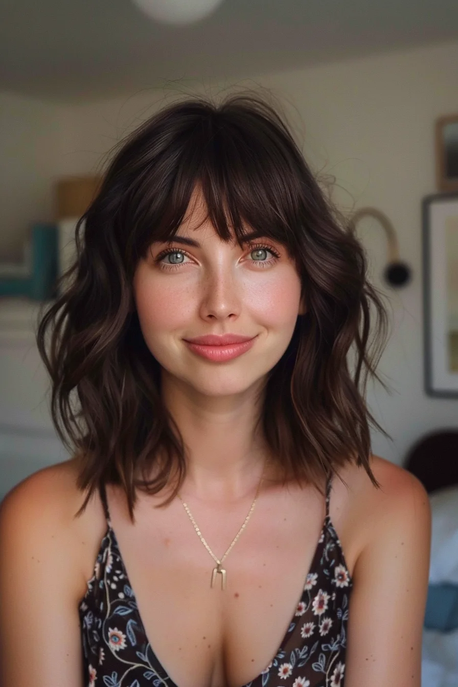 Beautiful deep brown hair showcases subtle lighter brown undertones for gentle dimension. Warm chocolate shades appear throughout with natural variation in tone, creating depth without harsh contrast for an effortlessly pretty color.