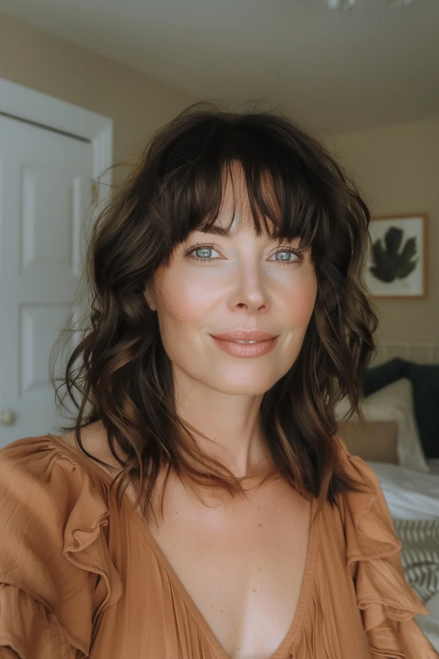 Gorgeous deep chocolate brown hair displays rich, warm undertones throughout. Natural-looking color appears glossy and healthy with beautiful shine that enhances depth. Darker brown shades create stunning dimension while maintaining uniformity in tone.