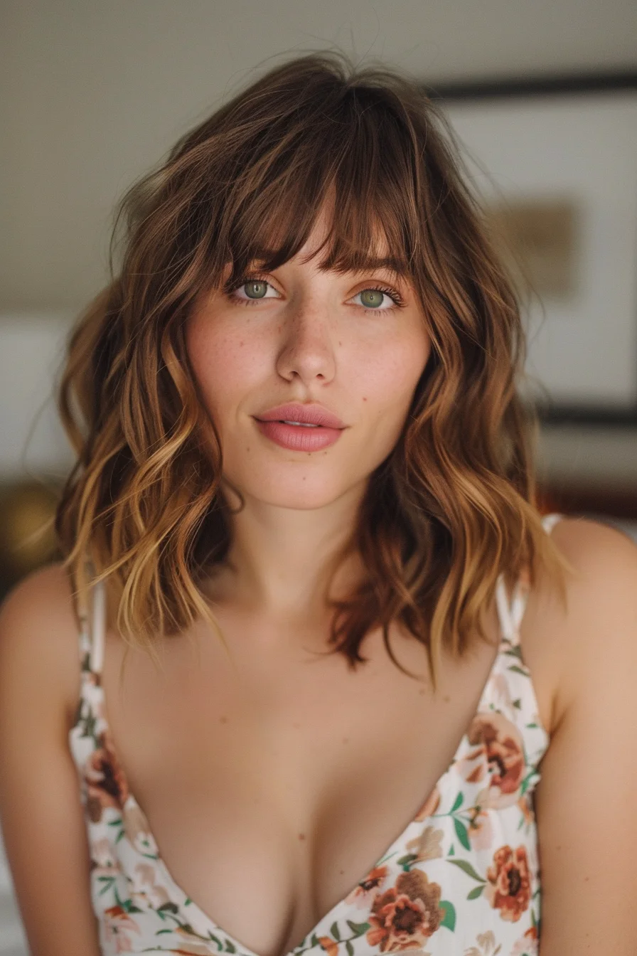 Warm chestnut brown base transitions beautifully into caramel and honey blonde highlights. Sun-kissed pieces blend seamlessly through middle sections and ends, creating dimensional color that brightens overall appearance with natural golden tones throughout.