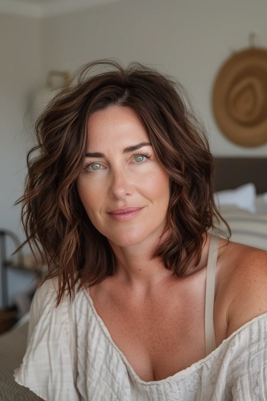 Rich chocolate brown hair features subtle dimensional highlights creating beautiful depth throughout. Warm brown base color appears glossy and healthy with natural variations in tone that catch light beautifully for added visual interest.