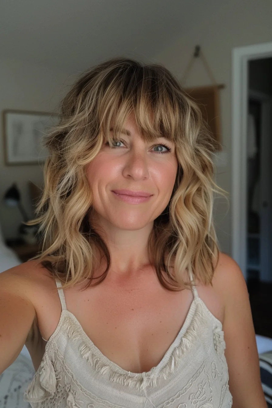 Bright buttery blonde dominates with darker brown roots providing natural contrast and depth. Creamy blonde shades appear luminous while deeper tones at roots create beautiful gradation that looks effortlessly grown-out and dimensional.