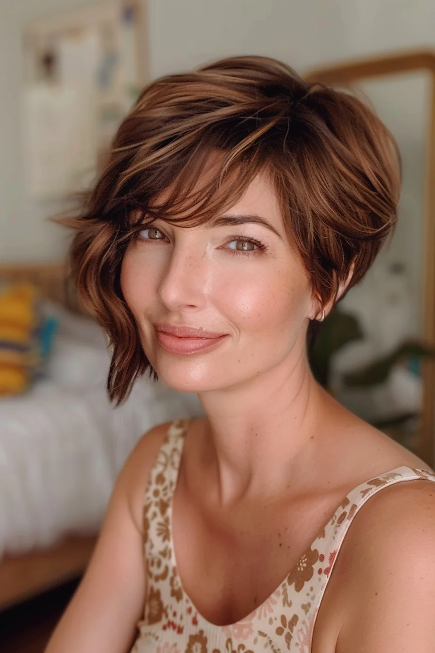 Warm auburn brown base color displays stunning copper and caramel highlights woven throughout. Rich chestnut tones blend with lighter golden brown pieces creating multidimensional warmth that appears vibrant and full of natural variation.