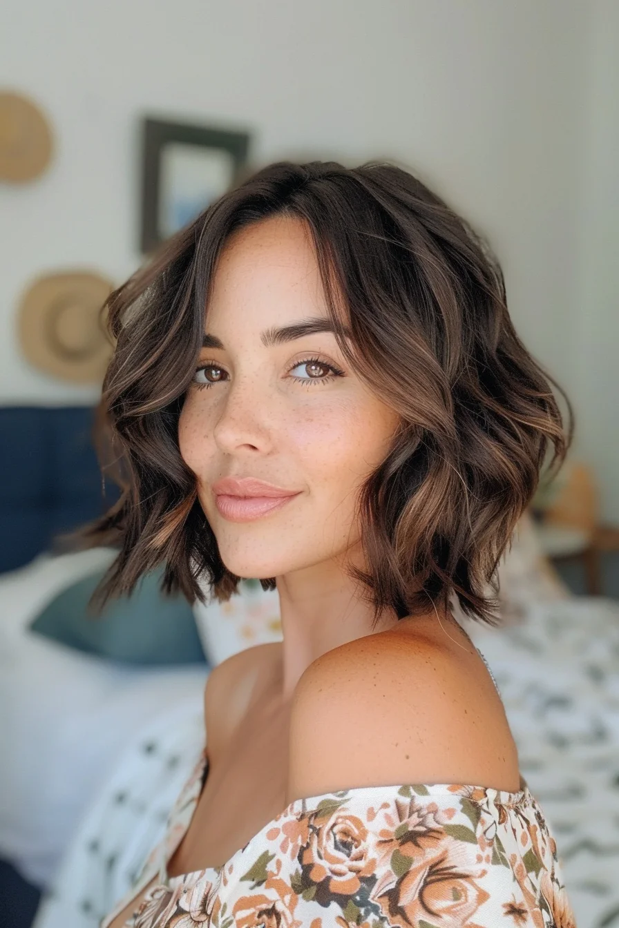 Beautiful chocolate brown hair features subtle caramel highlights adding gentle dimension. Warm brown base maintains consistent depth while lighter pieces provide soft contrast, resulting in naturally blended color with pretty tonal variations.