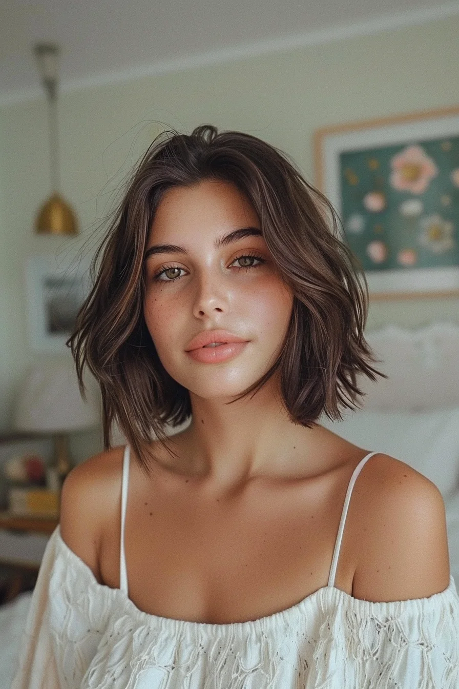 Cool-toned brunette showcases ash brown coloring with subtle lighter accents throughout. Smoky brown shades appear neutral without excessive warmth, creating modern dimensional color that looks effortlessly natural and beautifully balanced.