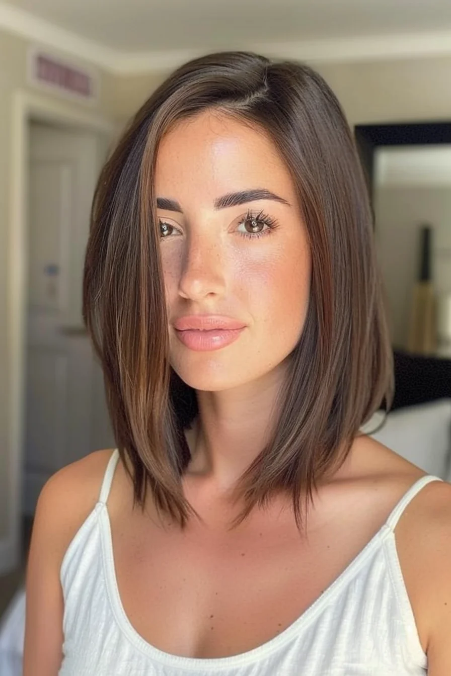 Sleek chocolate brown hair appears incredibly smooth and uniform in color. Rich medium brown shade looks lustrous and healthy with consistent tone throughout, creating a classic brunette appearance that showcases natural depth and shine.