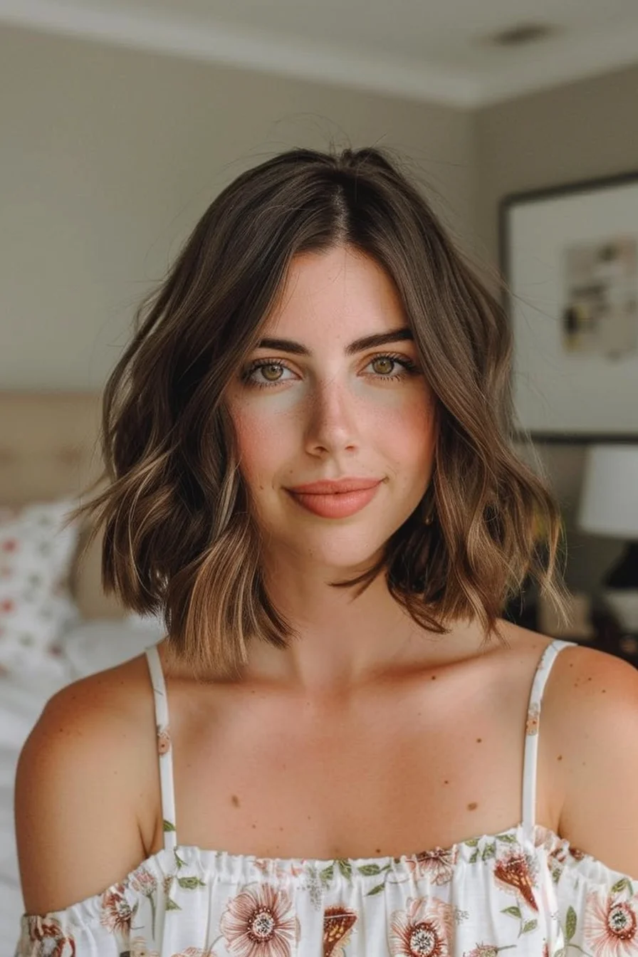 Gorgeous brunette base features caramel and honey highlights creating stunning dimension. Warm brown foundation blends with lighter golden pieces that brighten overall appearance, producing sun-kissed effects with natural color variation.