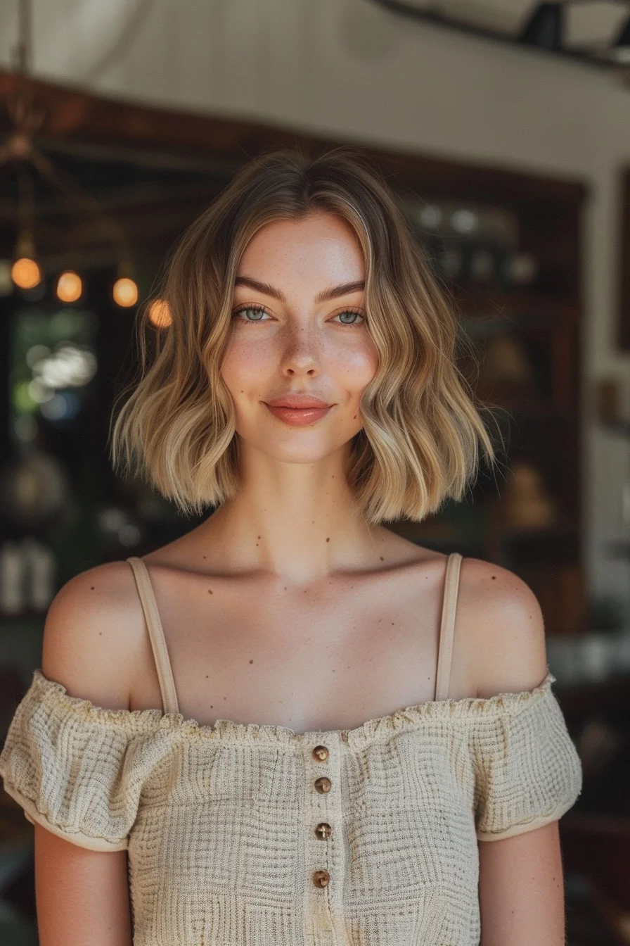 Stunning buttery blonde showcases darker brown roots for beautiful contrast and depth. Golden blonde dominates mid-lengths through ends, creating bright luminous color with warm undertones that appear naturally grown-out and dimensional.