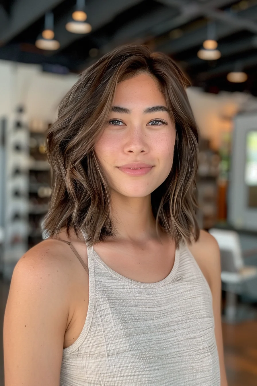 Rich mocha brown hair displays subtle lighter accents throughout for gentle dimension. Medium brown base color maintains consistent depth while delicate highlights add movement, resulting in naturally blended tones with pretty variation.