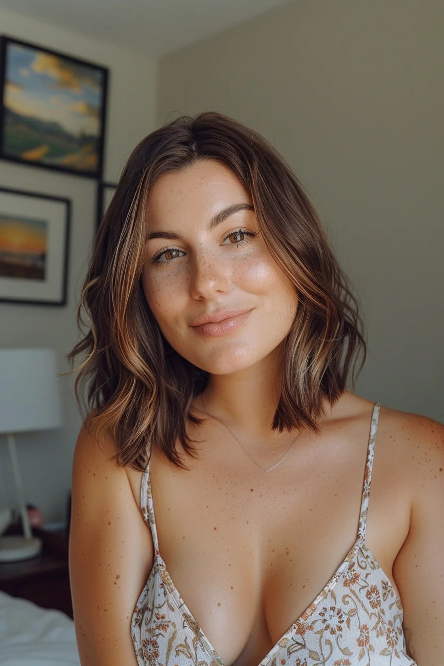 Beautiful brunette base showcases subtle lighter brown highlights creating gentle dimension throughout. Warm chocolate tones blend with hints of caramel for a rich, multifaceted color that appears natural and sun-touched in different lighting.