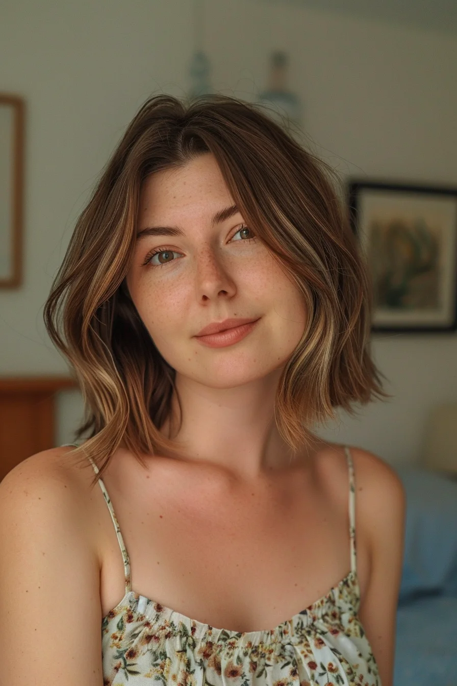Gorgeous brown hair features golden highlights scattered throughout for beautiful warmth and dimension. Lighter pieces frame and brighten while deeper brown shades provide richness, resulting in a naturally blended color with lovely golden undertones.