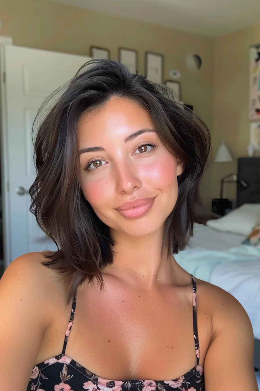 Glossy jet black hair color appears incredibly rich and lustrous with beautiful shine. Dark chocolate undertones emerge in bright light, giving dimension to an otherwise uniformly deep shade that looks healthy and vibrant.