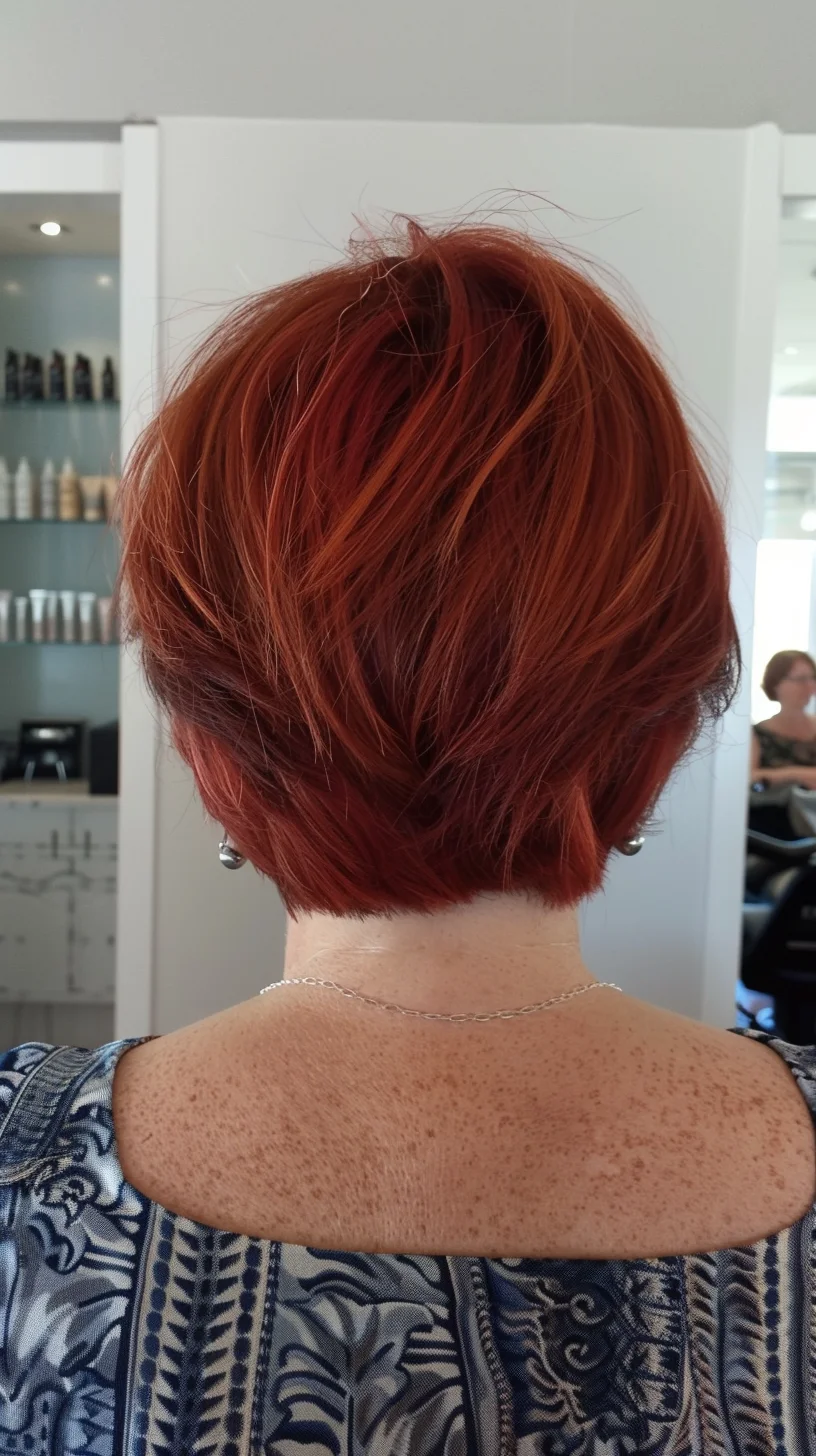 The vibrant copper-red hair shows beautiful dimension with its rich auburn tones and lighter cinnamon highlights blended throughout. Each strand catches the light differently, creating a multi-faceted effect that brings warmth and depth to the short bob cut. The deep crimson base transitions subtly to brighter copper ends, giving the hair a natural-looking color gradient that appears both vivid and sophisticated.